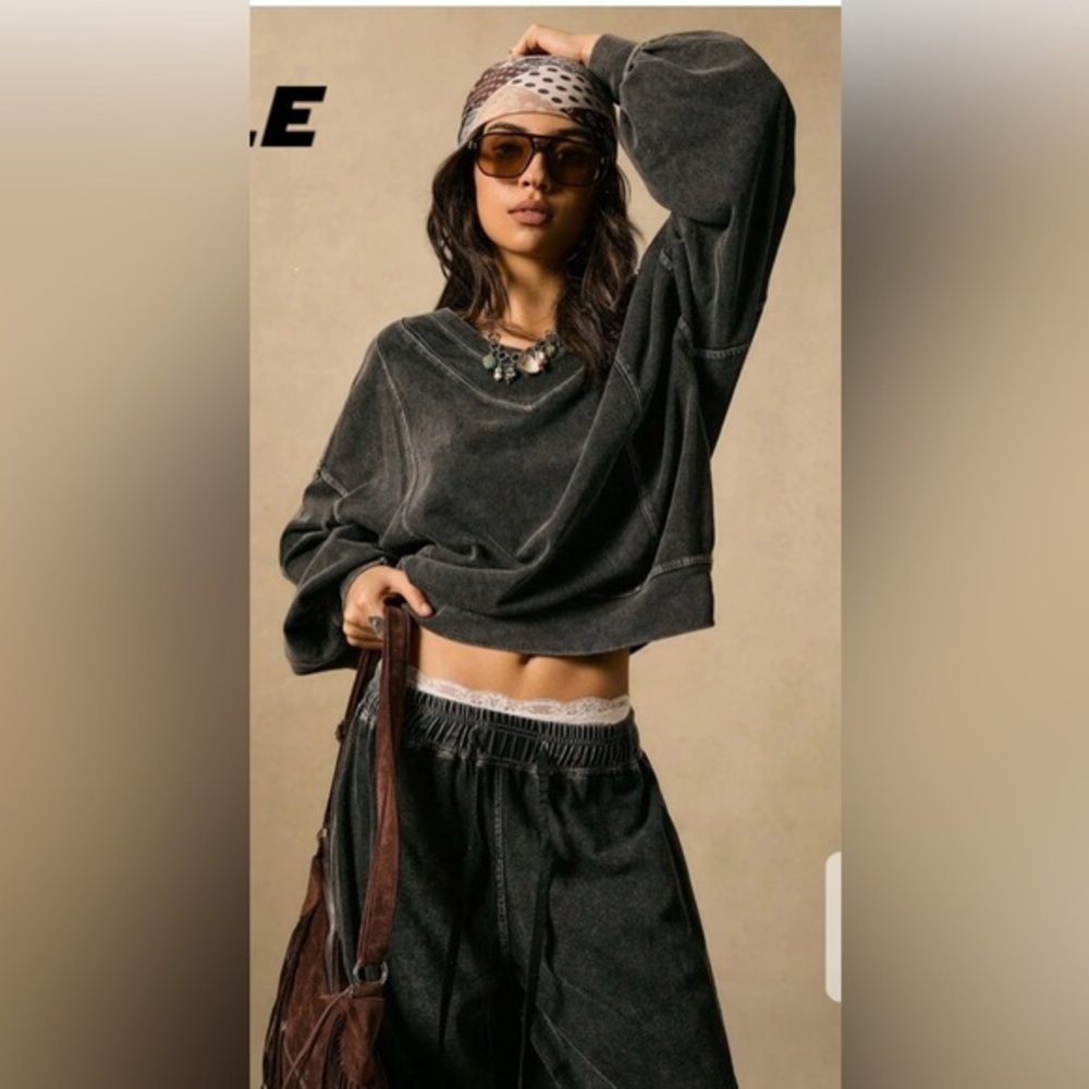 ✨NEW Bohemian sweatshirt pants suit -  Black  stone wash - Two-Piece Set